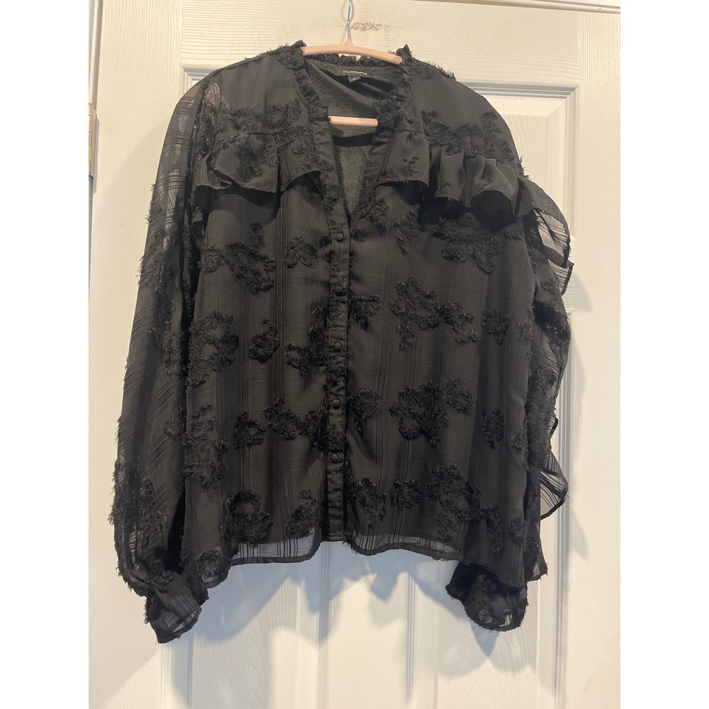 Calligraphie Black Sheer Eyelash Floral Ruffle Sleeve Button Front Blouse Large